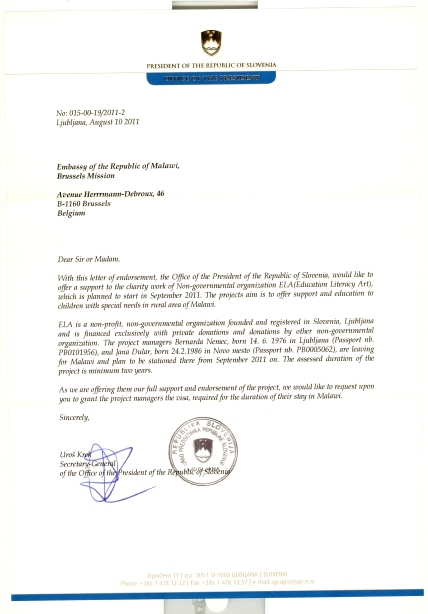 Letter of recommendation from the Office of the President of Slovenia